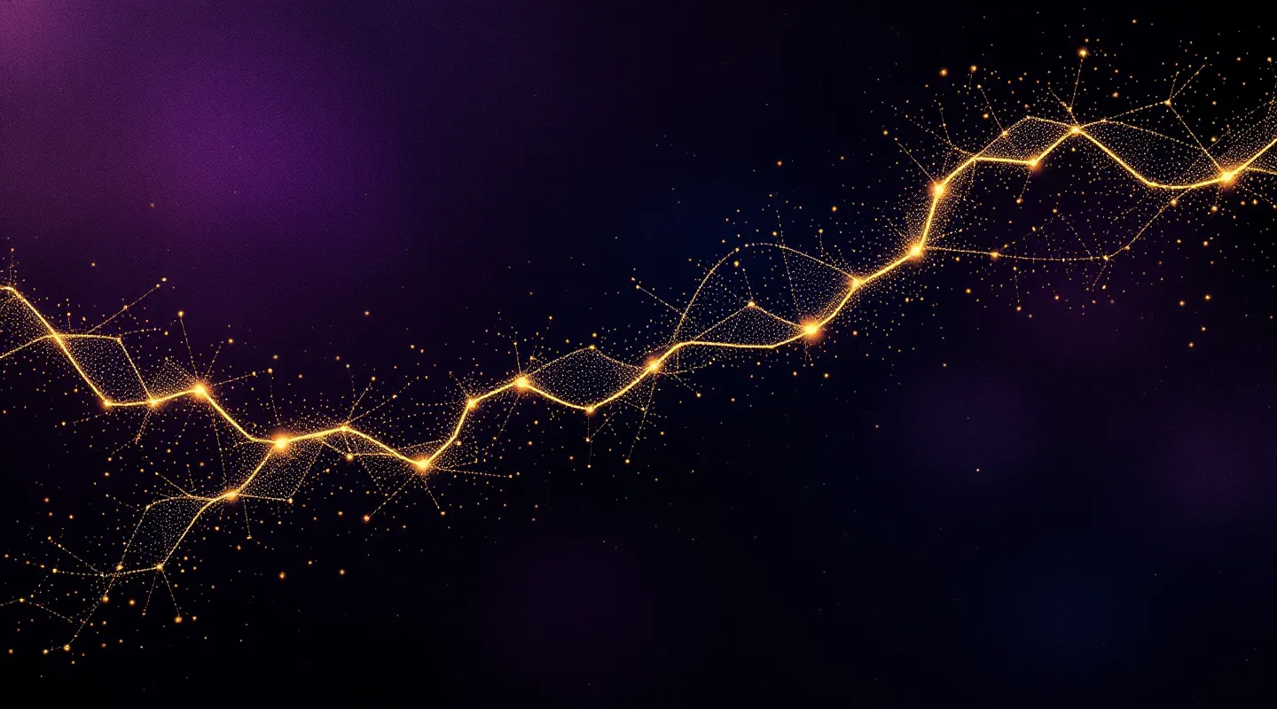 Gold-on-velvet abstract heptapeptide chain of seven glowing nodes on a deep purple ground